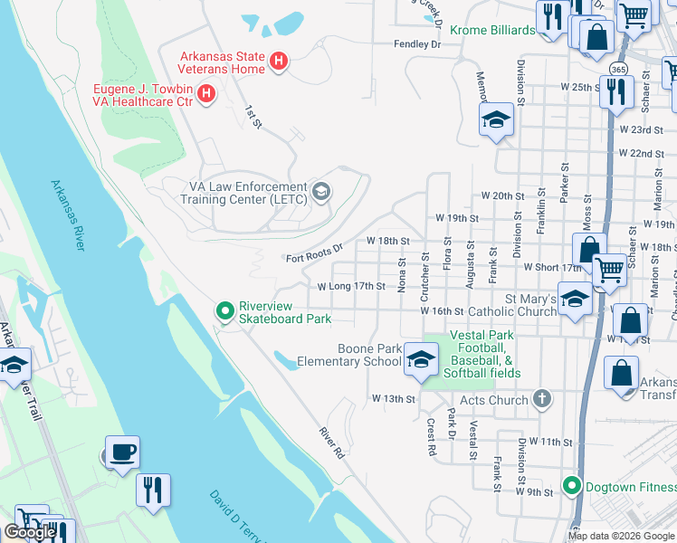 map of restaurants, bars, coffee shops, grocery stores, and more near 1718 Harold Street in North Little Rock