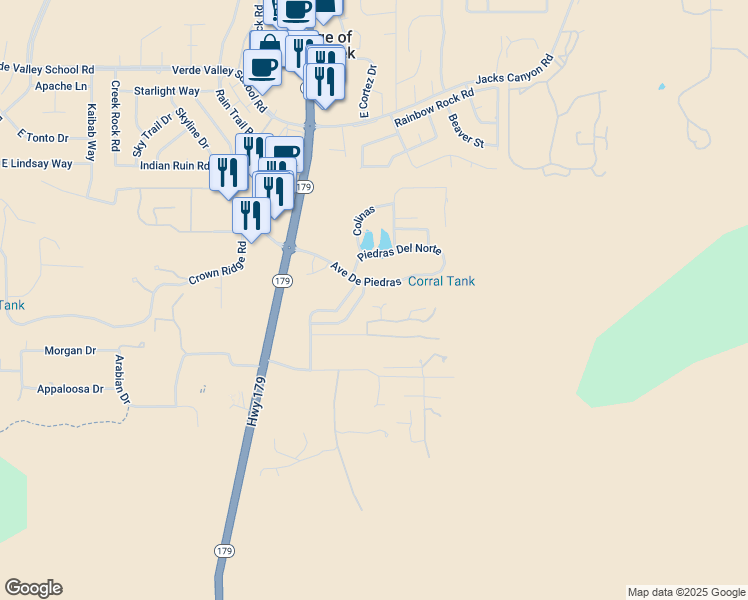 map of restaurants, bars, coffee shops, grocery stores, and more near 135 Vista Mesa Drive in Sedona