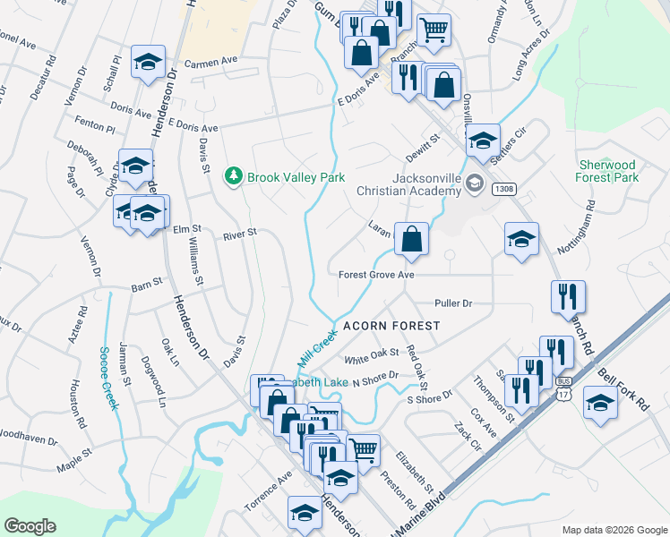 map of restaurants, bars, coffee shops, grocery stores, and more near 326 Forestgrove Avenue in Jacksonville
