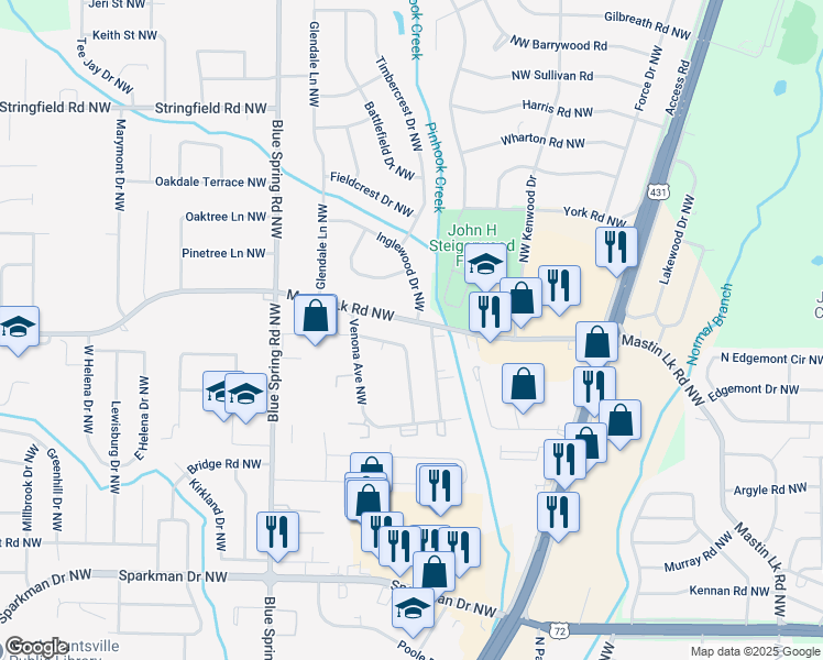 map of restaurants, bars, coffee shops, grocery stores, and more near 2403 Mastin Lake Road Northeast in Huntsville