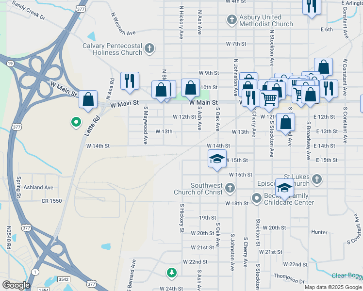 map of restaurants, bars, coffee shops, grocery stores, and more near 800 West 14th Street in Ada
