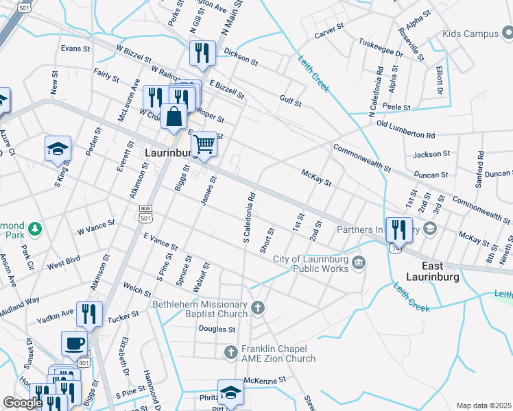 map of restaurants, bars, coffee shops, grocery stores, and more near 414 South Caledonia Road in Laurinburg