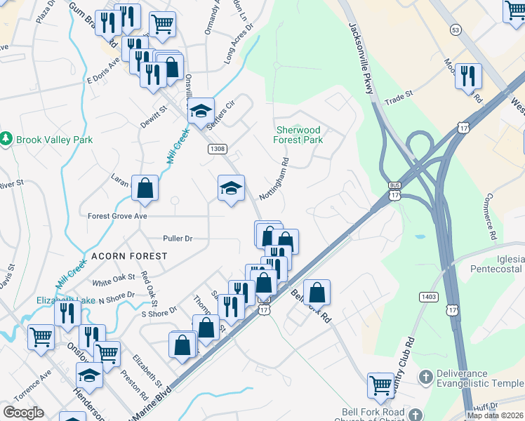 map of restaurants, bars, coffee shops, grocery stores, and more near 836 Gum Branch Road in Jacksonville