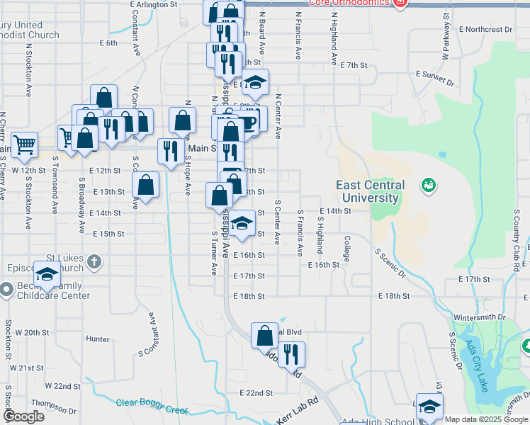 map of restaurants, bars, coffee shops, grocery stores, and more near 816 East 14th Street in Ada