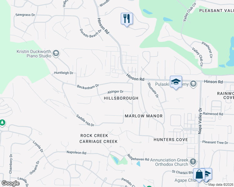 map of restaurants, bars, coffee shops, grocery stores, and more near 13409 Abinger Drive in Little Rock