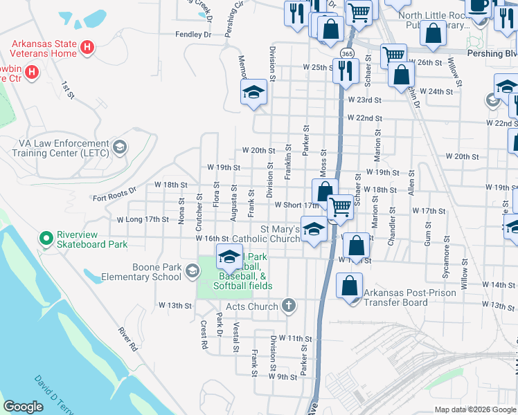 map of restaurants, bars, coffee shops, grocery stores, and more near 1500 West Short 17th Street in North Little Rock