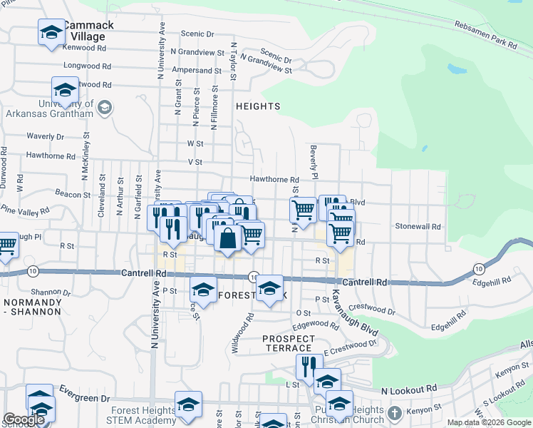 map of restaurants, bars, coffee shops, grocery stores, and more near 5410 Stonewall Road in Little Rock
