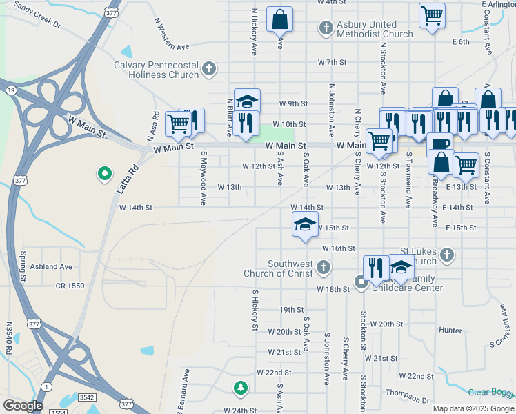 map of restaurants, bars, coffee shops, grocery stores, and more near 800 West 14th Street in Ada