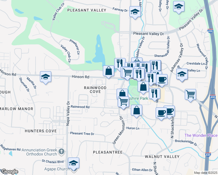map of restaurants, bars, coffee shops, grocery stores, and more near 11809 Hinson Road in Little Rock