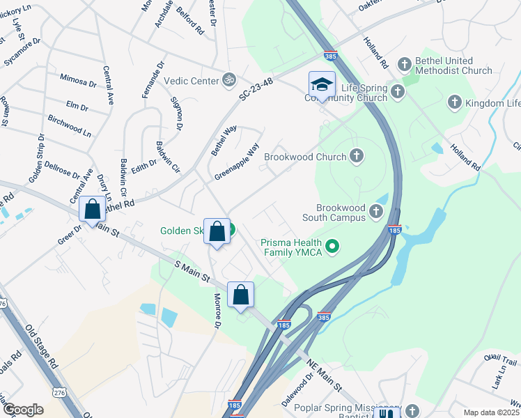 map of restaurants, bars, coffee shops, grocery stores, and more near 201 Shady Grove Drive in Simpsonville