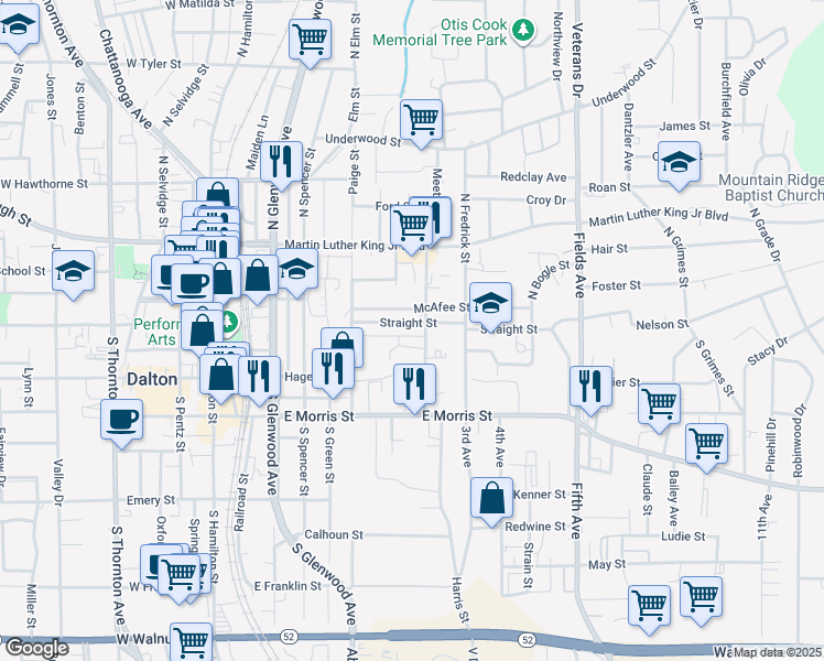 map of restaurants, bars, coffee shops, grocery stores, and more near 529 Abigail Street in Dalton