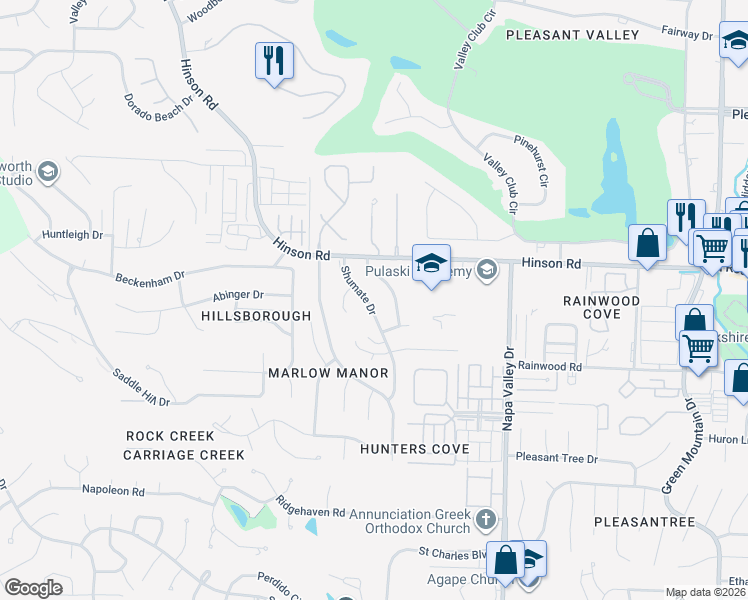 map of restaurants, bars, coffee shops, grocery stores, and more near 1804 Martha Drive in Little Rock