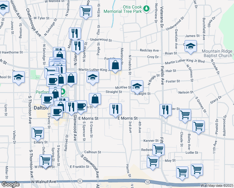 map of restaurants, bars, coffee shops, grocery stores, and more near 529 Abigail Street in Dalton