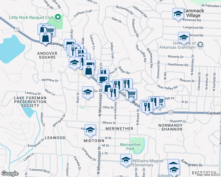 map of restaurants, bars, coffee shops, grocery stores, and more near 7426 Cantrell Rd in Little Rock