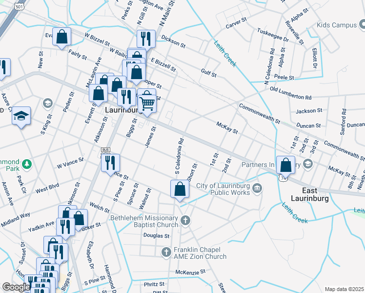 map of restaurants, bars, coffee shops, grocery stores, and more near 414 South Caledonia Road in Laurinburg