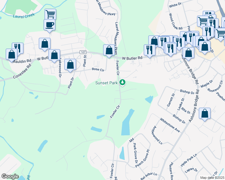 map of restaurants, bars, coffee shops, grocery stores, and more near 216 Fowler Circle in Greenville