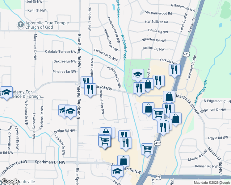 map of restaurants, bars, coffee shops, grocery stores, and more near 2405 Mastin Lake Road Northeast in Huntsville