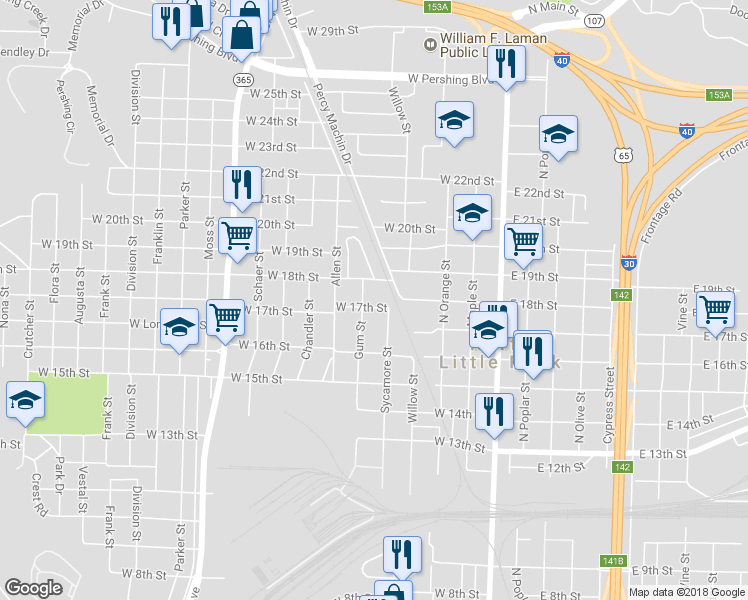 map of restaurants, bars, coffee shops, grocery stores, and more near 515 West 17th Street in North Little Rock