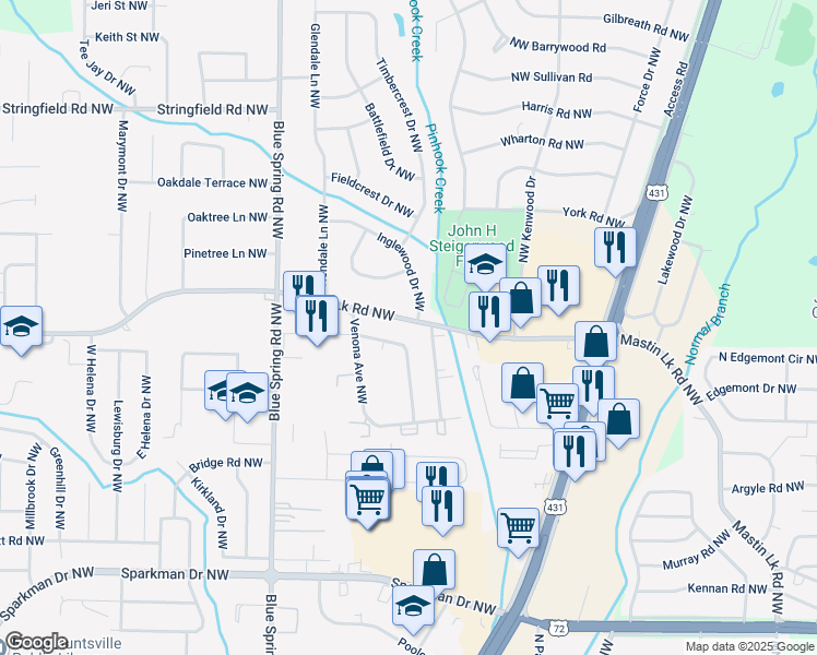 map of restaurants, bars, coffee shops, grocery stores, and more near 2403 Mastin Lake Road Northeast in Huntsville