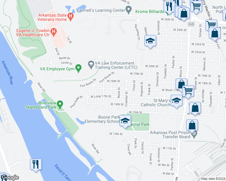 map of restaurants, bars, coffee shops, grocery stores, and more near 2012 West Short 17th Street in North Little Rock