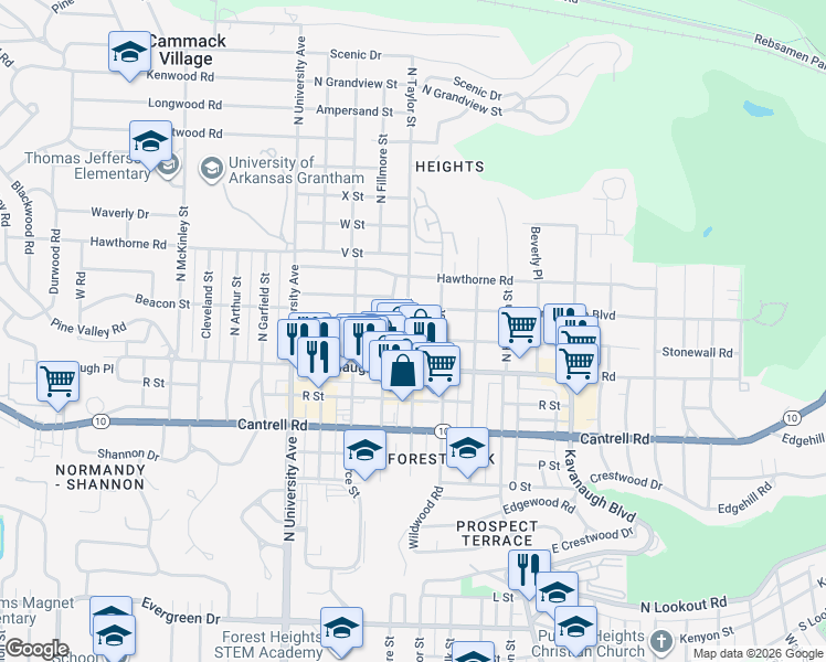 map of restaurants, bars, coffee shops, grocery stores, and more near 5514 Stonewall Road in Little Rock