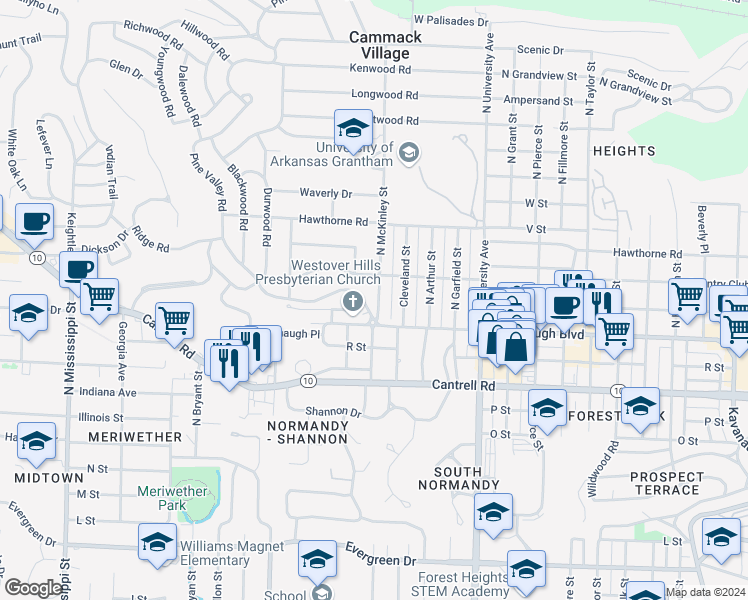 map of restaurants, bars, coffee shops, grocery stores, and more near 2107 North McKinley Street in Little Rock