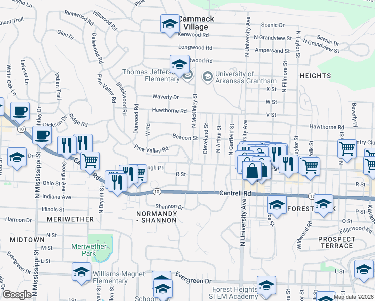 map of restaurants, bars, coffee shops, grocery stores, and more near 116 Pine Valley Road in Little Rock