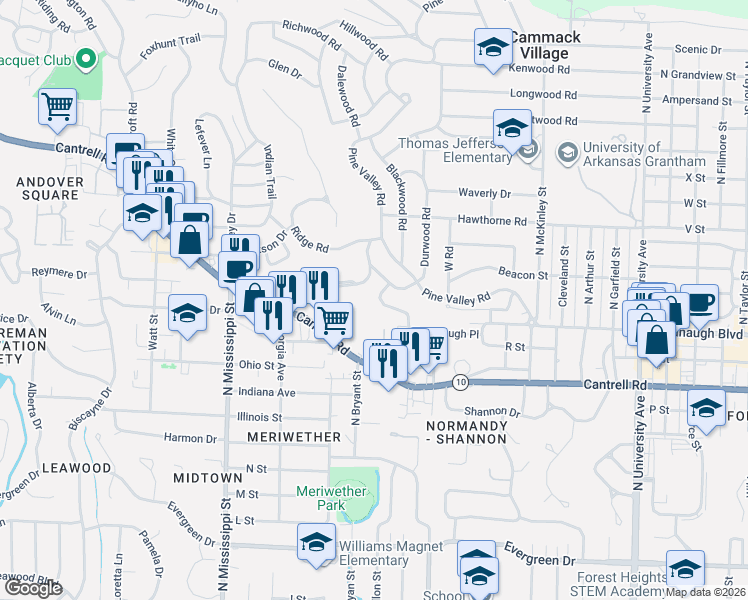 map of restaurants, bars, coffee shops, grocery stores, and more near 2104 Brownwood Road in Little Rock