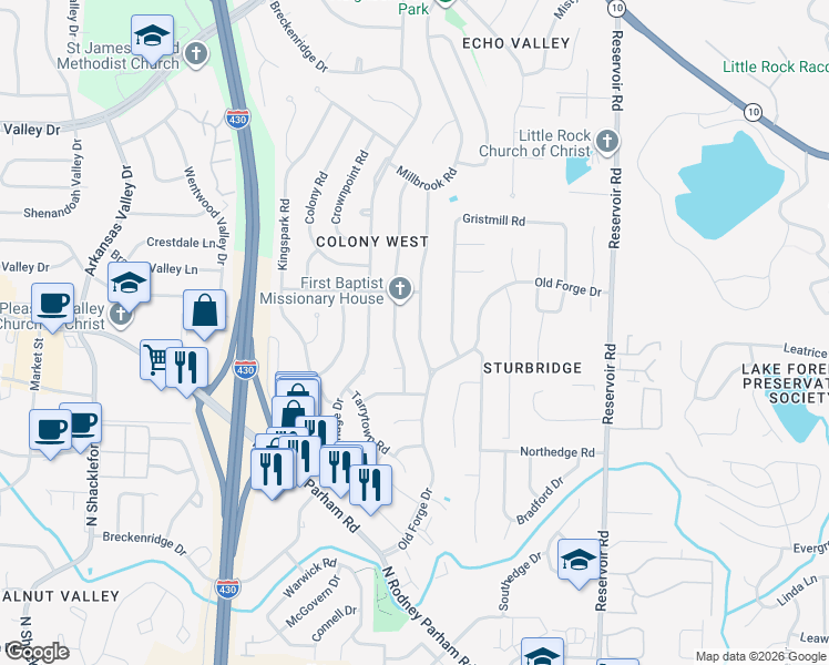 map of restaurants, bars, coffee shops, grocery stores, and more near 2005 Clapboard Hill Road in Little Rock