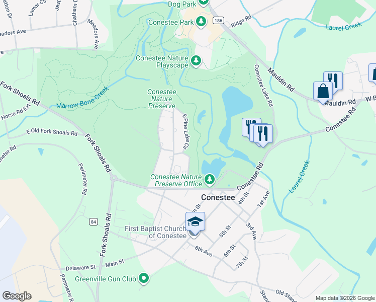map of restaurants, bars, coffee shops, grocery stores, and more near 206 East Pine Lake Circle in Greenville