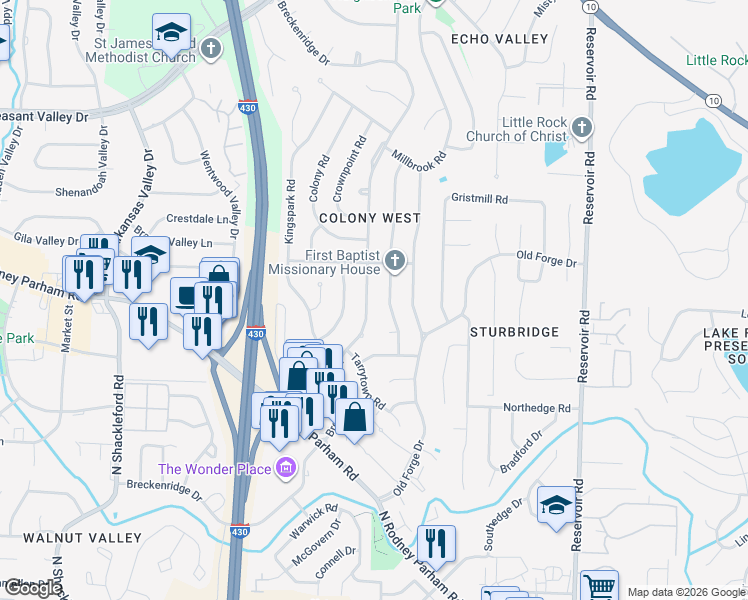 map of restaurants, bars, coffee shops, grocery stores, and more near 1811 Breckenridge Drive in Little Rock