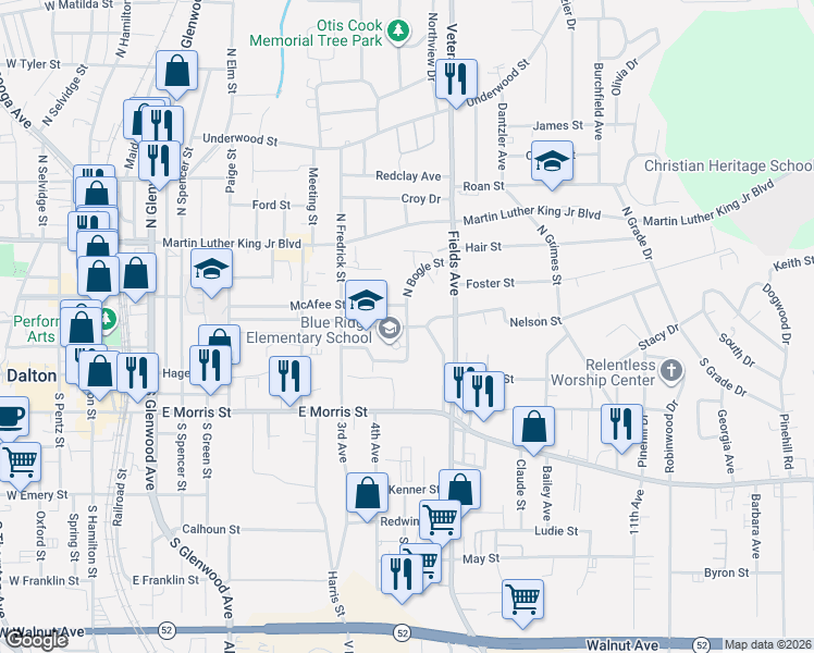 map of restaurants, bars, coffee shops, grocery stores, and more near 102 Bogle Street in Dalton