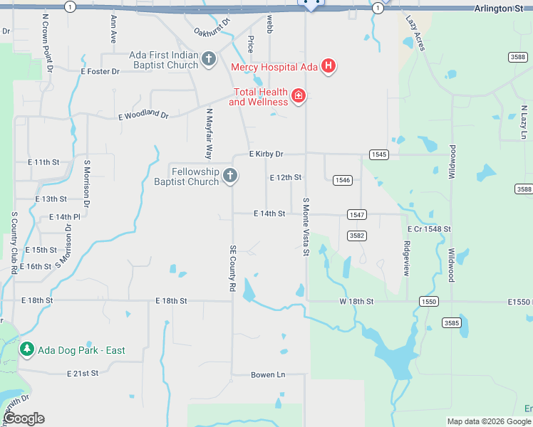 map of restaurants, bars, coffee shops, grocery stores, and more near 331 South Hillcrest Street in Ada