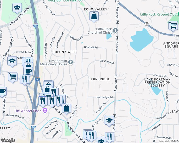 map of restaurants, bars, coffee shops, grocery stores, and more near 2011 Old Forge Drive in Little Rock