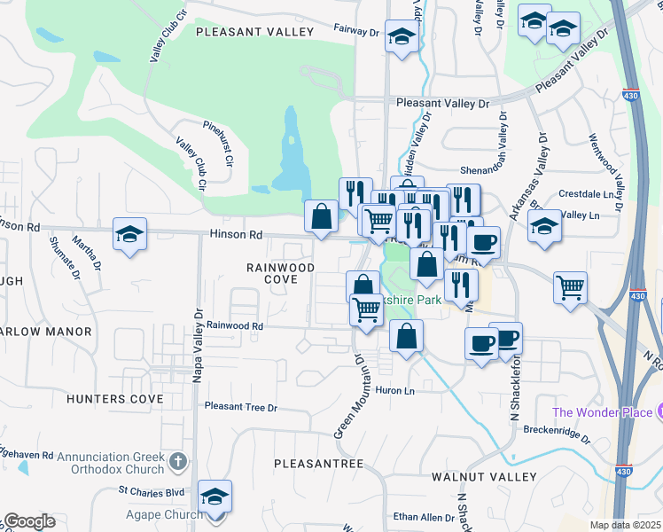 map of restaurants, bars, coffee shops, grocery stores, and more near 11809 Hinson Road in Little Rock