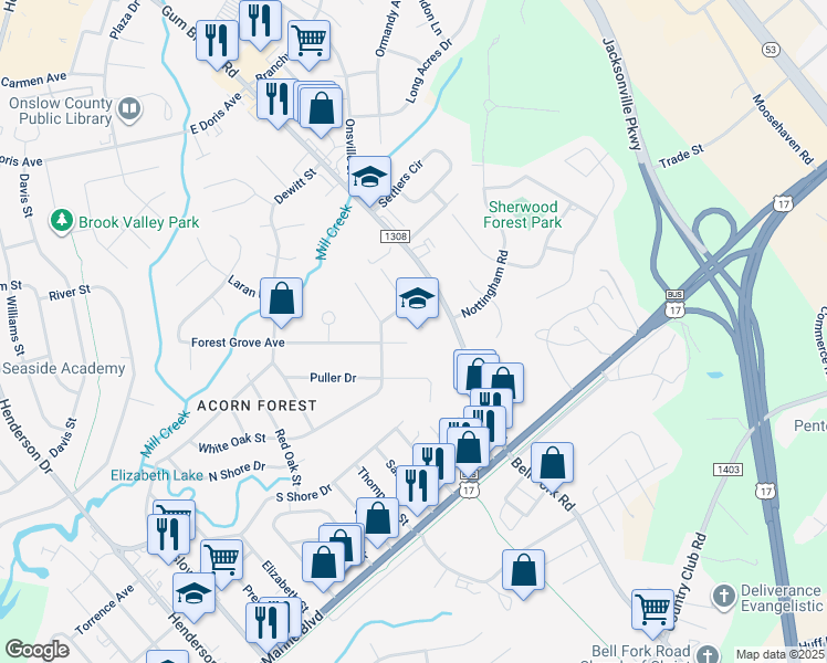 map of restaurants, bars, coffee shops, grocery stores, and more near 714 Bates Street in Jacksonville