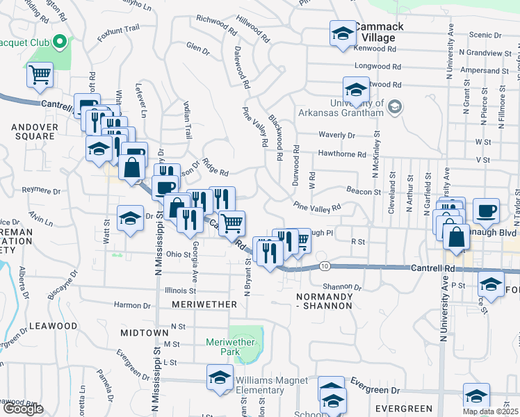 map of restaurants, bars, coffee shops, grocery stores, and more near 2104 Brownwood Road in Little Rock