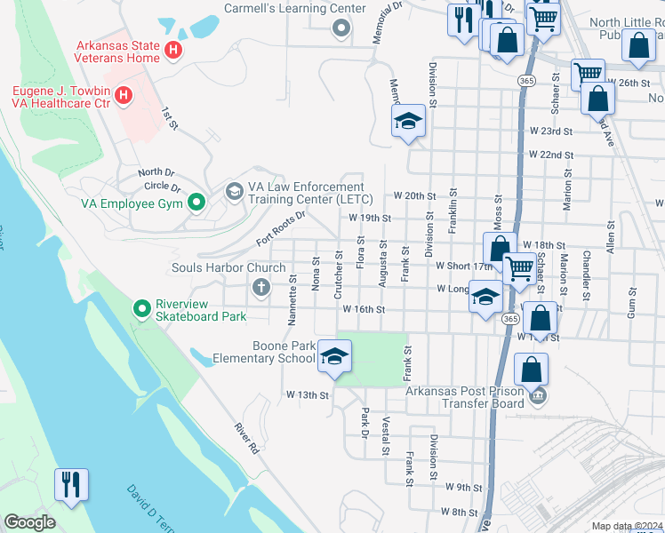 map of restaurants, bars, coffee shops, grocery stores, and more near 1902 West Short 17th Street in North Little Rock