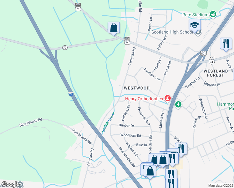 map of restaurants, bars, coffee shops, grocery stores, and more near 600-604 S Turnpike Rd in Laurinburg