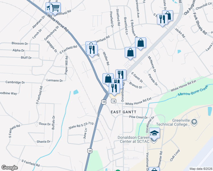 map of restaurants, bars, coffee shops, grocery stores, and more near 300 U.S. 25 in Greenville