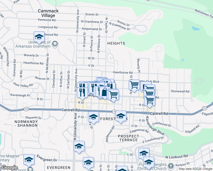 map of restaurants, bars, coffee shops, grocery stores, and more near 5514 Stonewall Road in Little Rock