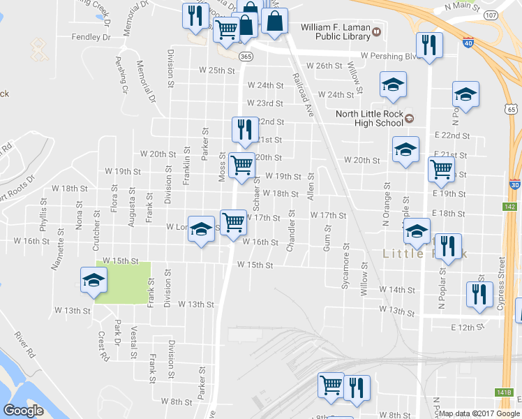 map of restaurants, bars, coffee shops, grocery stores, and more near 1704 Schaer Street in North Little Rock
