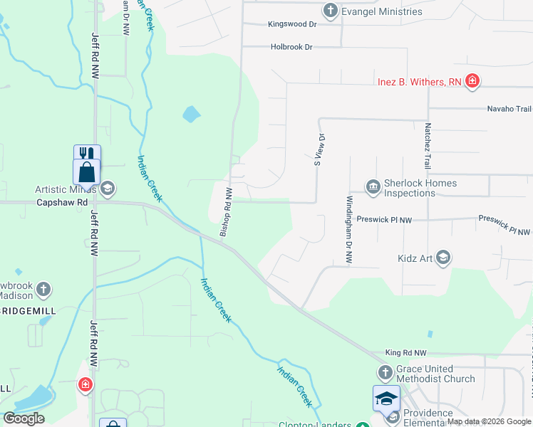 map of restaurants, bars, coffee shops, grocery stores, and more near 102 South View Drive in Huntsville