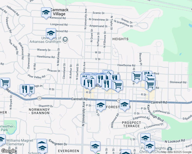 map of restaurants, bars, coffee shops, grocery stores, and more near 5805 S Country Club Blvd in Little Rock