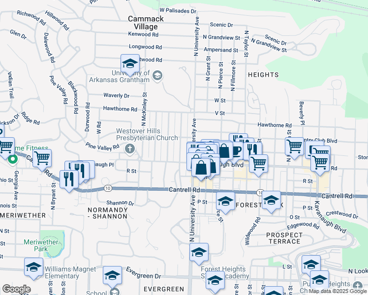 map of restaurants, bars, coffee shops, grocery stores, and more near 2107 North Garfield Street in Little Rock