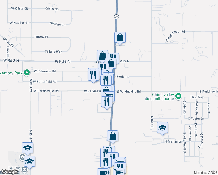 map of restaurants, bars, coffee shops, grocery stores, and more near 316 West Perkinsville Road in Chino Valley