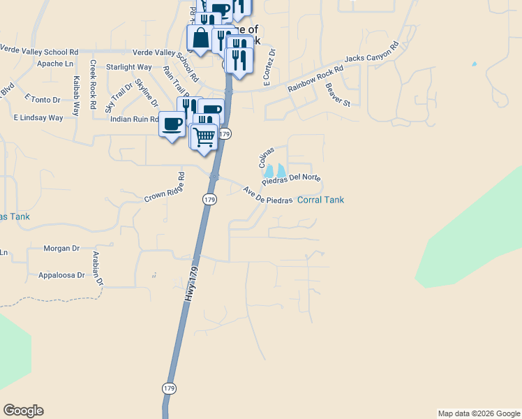 map of restaurants, bars, coffee shops, grocery stores, and more near 135 Vista Mesa Drive in Sedona
