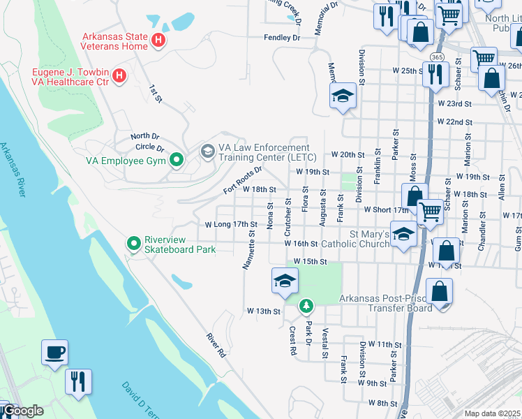map of restaurants, bars, coffee shops, grocery stores, and more near 2012 West Short 17th Street in North Little Rock