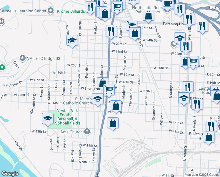 map of restaurants, bars, coffee shops, grocery stores, and more near 1704 Pike Avenue in North Little Rock