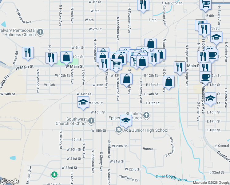 map of restaurants, bars, coffee shops, grocery stores, and more near 314 West 14th Street in Ada